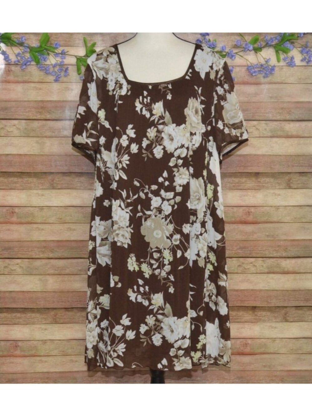 Dress Barn Brown Floral Pleated Chiffon Dress Plus 24W Short Sleeve Cottage Core